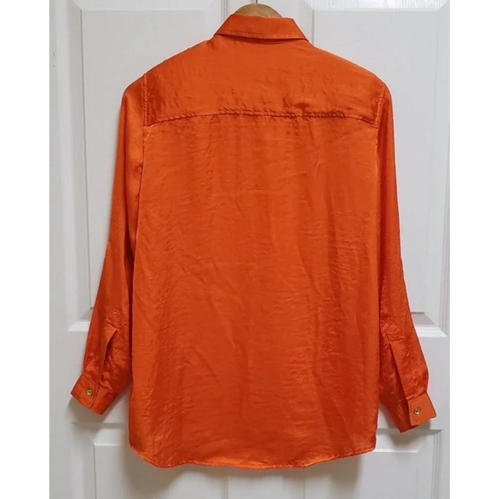 Michael Kors Button Up Roll Tab Slv Top Women Sz S Orange Crinkle Pockets Preppy